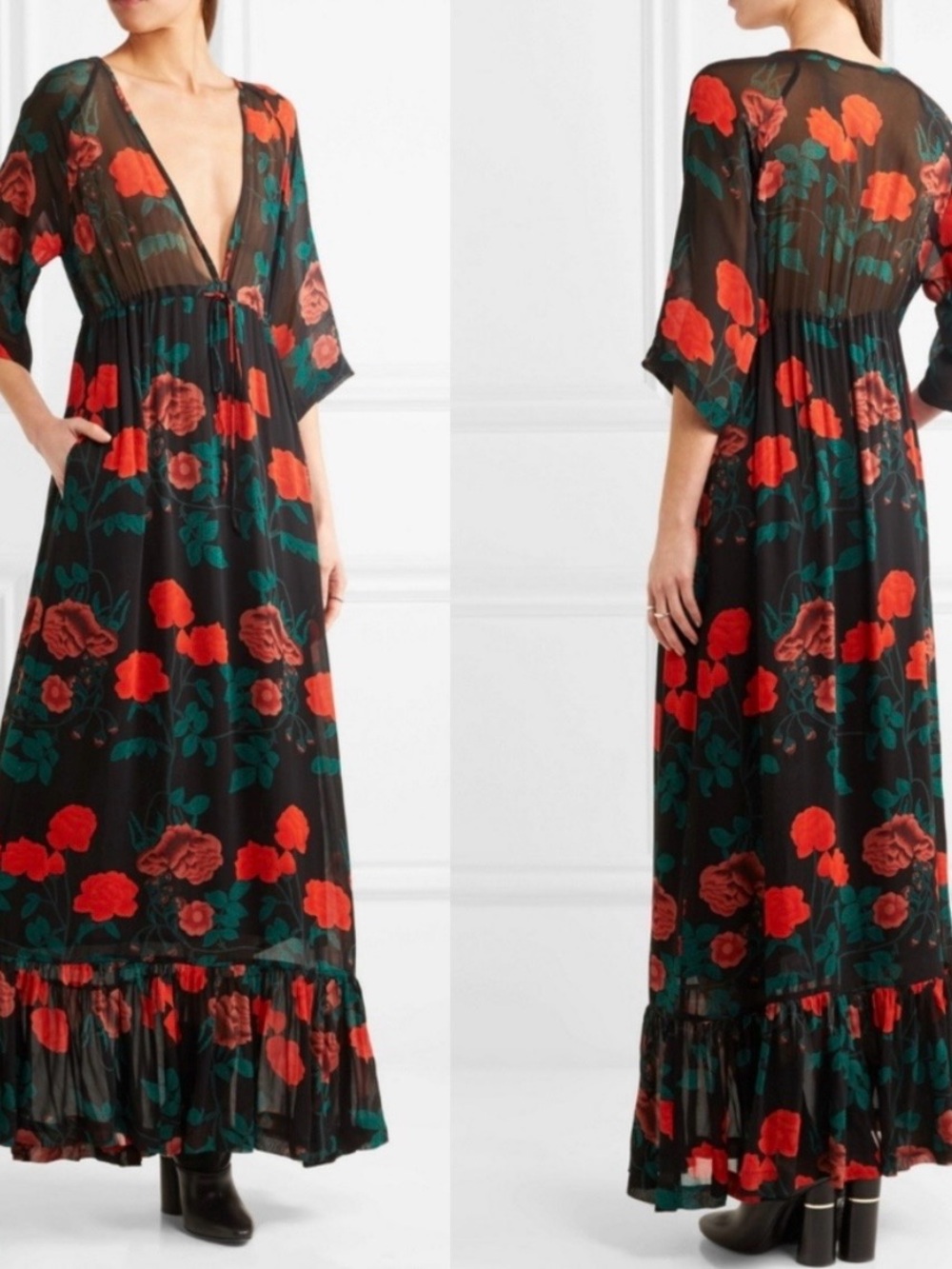Ganni Black Maxi Dress with Red and Green Floral Print
